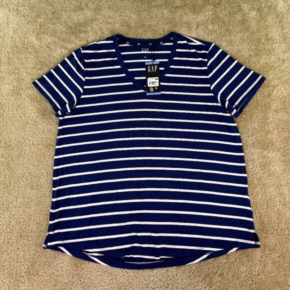 Gap Women's Soft Jersey Relaxed Short Sleeve V-Neck Top Size L Blue Striped E871 - Picture 1 of 9